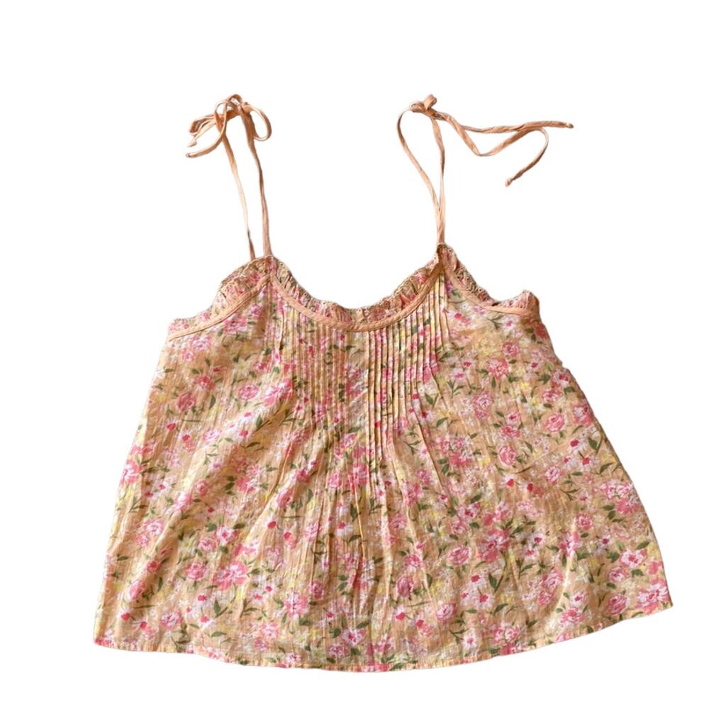 American Eagle Floral Pleated Camisole Cami Top Ruffle Shoulder Tie Strap XS